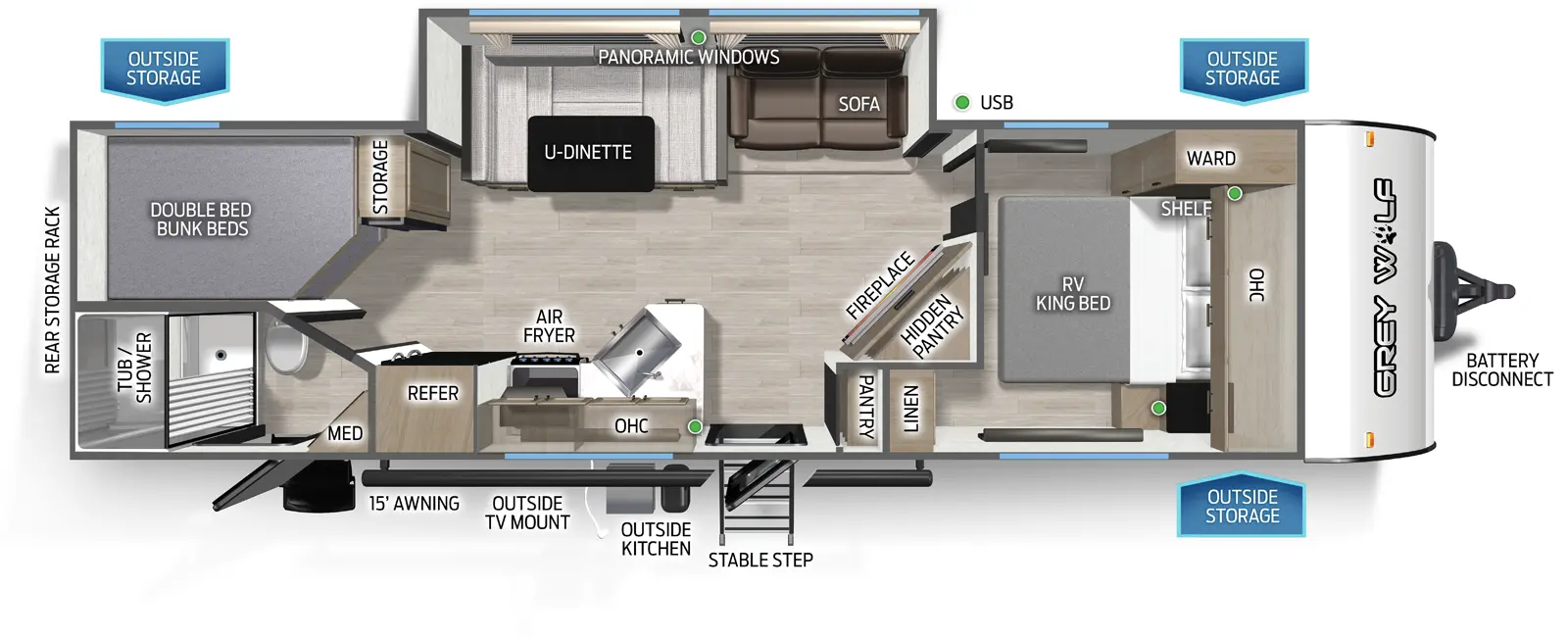 The Cherokee Black Label 26KFBL floorplan has one entry and one slide out. Exterior features include: fiberglass exterior, 15' awning,  outside entertainment and outside kitchen. Interiors features include: bunk beds, u-dinette and front bedroom.